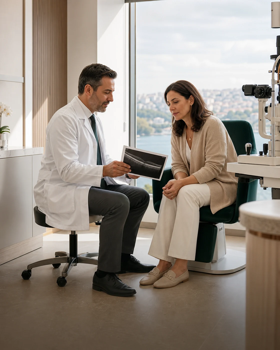 Ophthalmologist reviewing an eye scan with an international patient at an Istanbul eye clinic